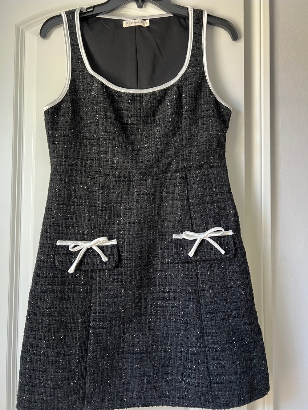NWOT Black Tweed Sleeveless Dress with White Trim and Bow Accents